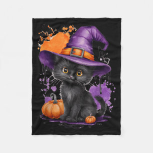 Cute Halloween Black Cat Witch Hat Pumpkin Fleece Blanket