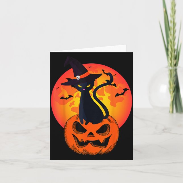 Cute Halloween Black Cat Witch Hat Pumpkin For Card (Front)