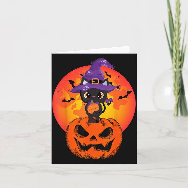 Cute Halloween Black Cat Witch Hat Pumpkin For Card (Front)