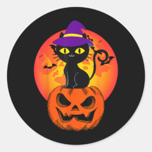 Cute Halloween Black Cat Witch Hat Pumpkin For Classic Round Sticker