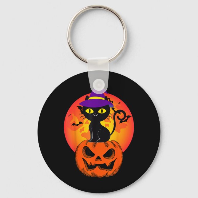 Cute Halloween Black Cat Witch Hat Pumpkin For Key Ring (Front)