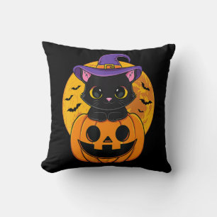 Cute Halloween Black Cat Witch Hat Pumpkin For Kid Cushion