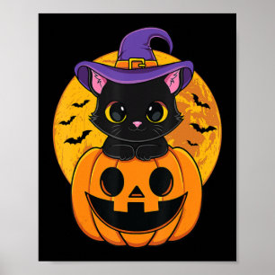 Cute Halloween Black Cat Witch Hat Pumpkin For Kid Poster