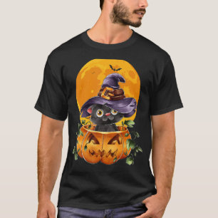 Cute Halloween Black Cat Witch Hat Pumpkin For Kid T-Shirt