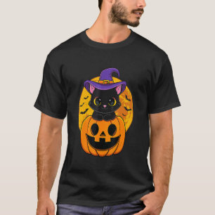 Cute Halloween Black Cat Witch Hat Pumpkin For Kid T-Shirt