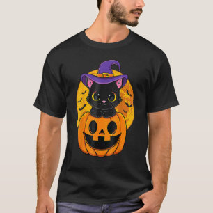 Cute Halloween Black Cat Witch Hat Pumpkin For Kid T-Shirt