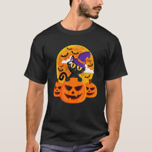 Cute Halloween Black Cat Witch Hat Pumpkin For Kid T-Shirt