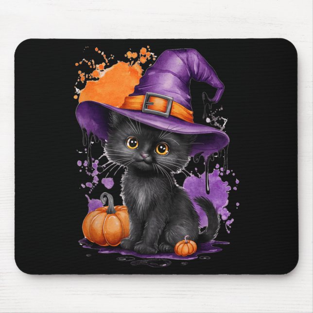 Cute Halloween Black Cat Witch Hat Pumpkin Mouse Pad (Front)