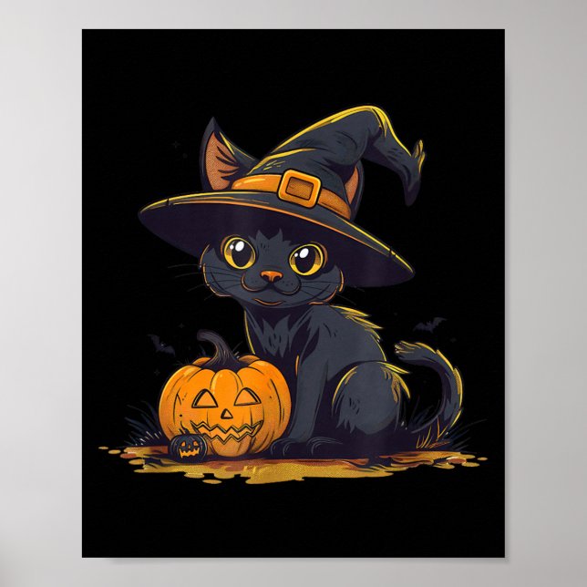 Cute Halloween Black Cat Witch Hat Pumpkin Poster (Front)