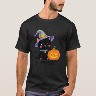 Cute Halloween Black Cat Witch Hat Pumpkin Rose T-Shirt