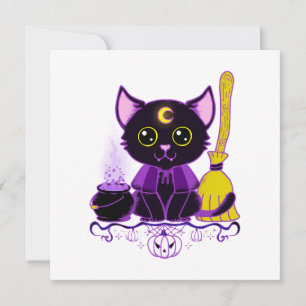 Cute Halloween Black Cat Witch Invitation