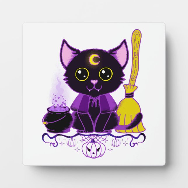 Cute Halloween Black Cat Witch Plaque (Front)