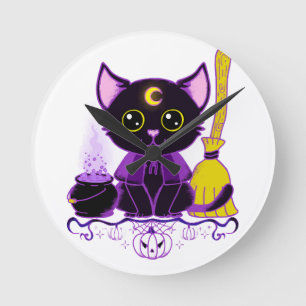 Cute Halloween Black Cat Witch Round Clock