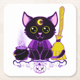 Cute Halloween Black Cat Witch Square Paper Coaster