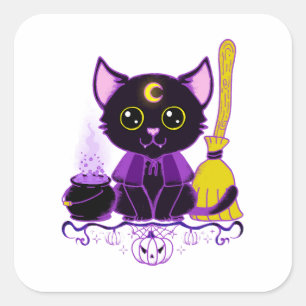 Cute Halloween Black Cat Witch Square Sticker