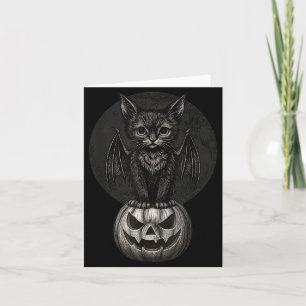 Cute Halloween Black Cat With Bat Wings On Pumpkin Card
