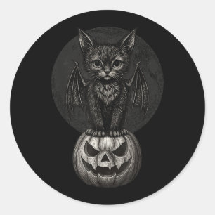 Cute Halloween Black Cat With Bat Wings On Pumpkin Classic Round Sticker