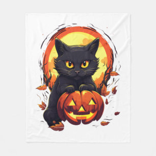 Cute Halloween Black Cat with Pumpkin Fleece Blanket