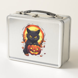 Cute Halloween Black Cat with Pumpkin   Metal Lunch Box