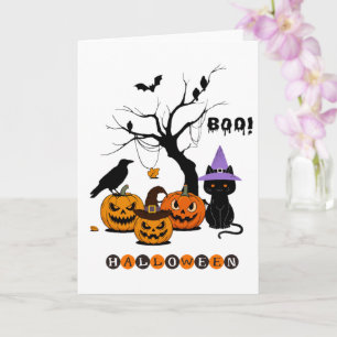 Cute Halloween Black Cat with Pumpkins Card