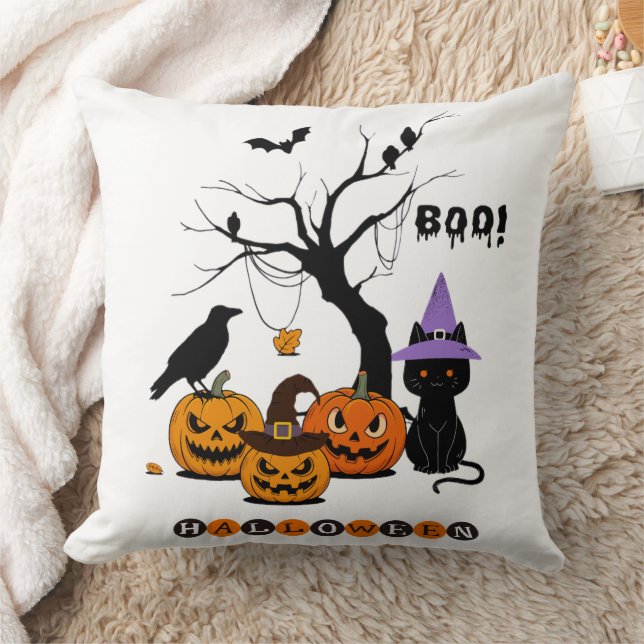Cute Halloween Black Cat with Pumpkins Cushion (Blanket)