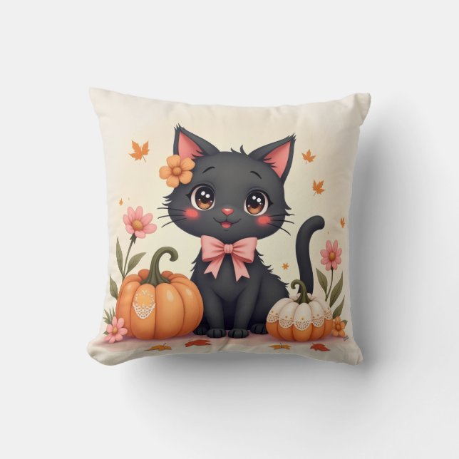 Cute Halloween Black Cat with Pumpkins - Square Cushion (Front)