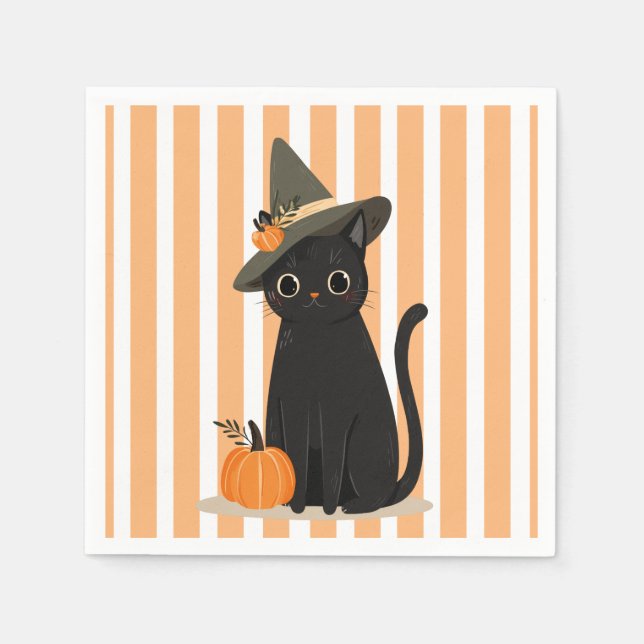 Cute Halloween Black Cat with Witch Hat Pumpkin Napkin (Front)