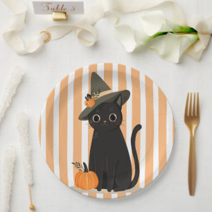 Cute Halloween Black Cat with Witch Hat Pumpkin Paper Plate