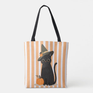 Cute Halloween Black Cat with Witch Hat Pumpkin Tote Bag