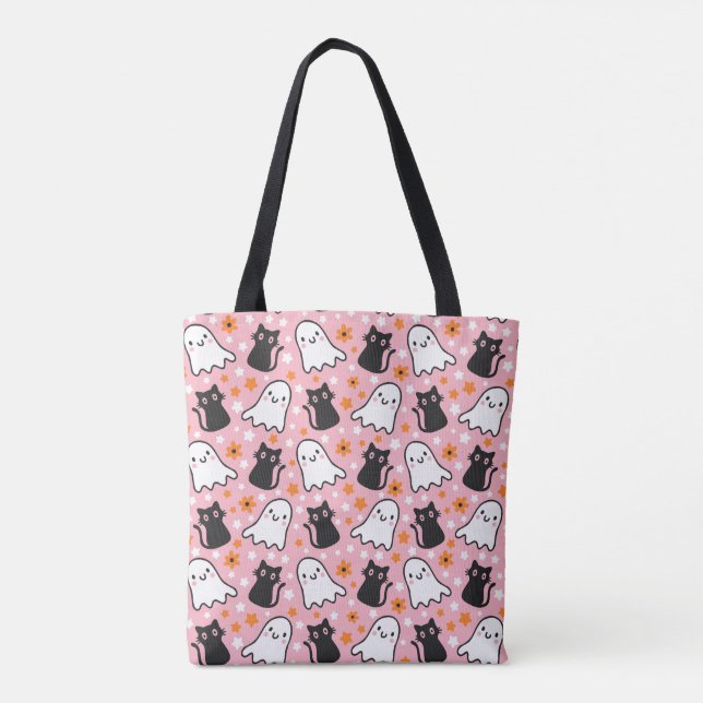 Cute Halloween Black Cats And Ghosts Tote Bag (Back)