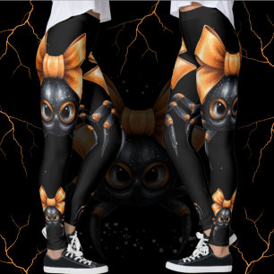 Cute Halloween Black Spider with Orange Bow Leggings