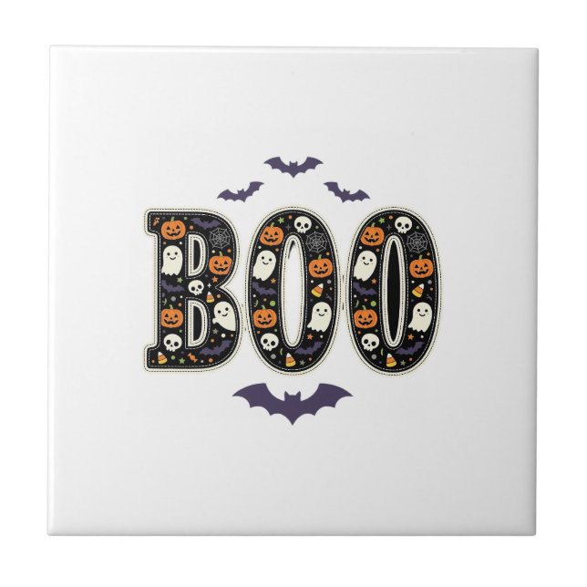 Cute Halloween Boo Ghost Pumpkin Design Ceramic Tile (Front)