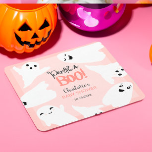 Cute Halloween boo ghosts pink baby shower  Square Paper Coaster