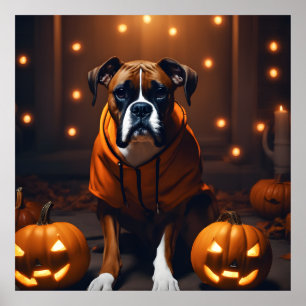 Cute Halloween Boxer Dog with Pumpkins at Night Poster