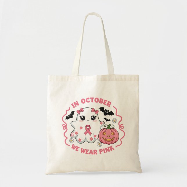 Cute Halloween Breast Cancer Awareness Ghost Tote Bag (Front)
