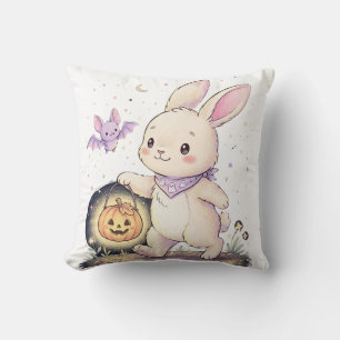 Cute Halloween Bunny with Pumpkin Lantern and Bat Cushion