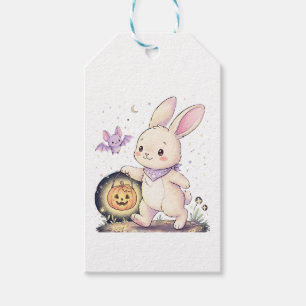 Cute Halloween Bunny with Pumpkin Lantern and Bat  Gift Tags