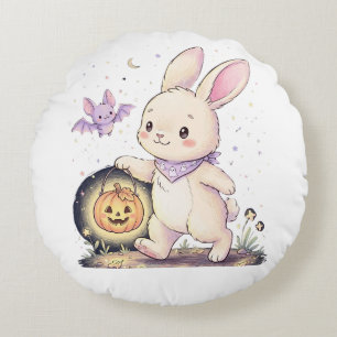 Cute Halloween Bunny with Pumpkin Lantern and Bat Round Cushion