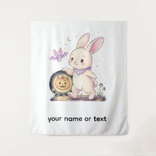 Cute Halloween Bunny with Pumpkin Lantern and Bat Tapestry