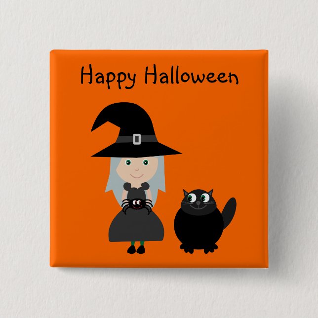 Cute Halloween Button With Witch, Spider & Cat (Front)