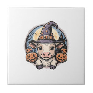 Cute Halloween Calf Witch Hat Vintage Engraving De Ceramic Tile