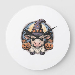 Cute Halloween Calf Witch Hat Vintage Engraving De Large Clock