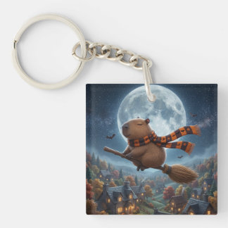 Cute Halloween Capybara Giant Moon Broom Keychain