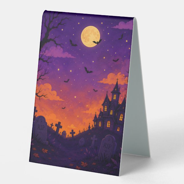 Cute Halloween Castle & Pumpkins Table Sign (Front)