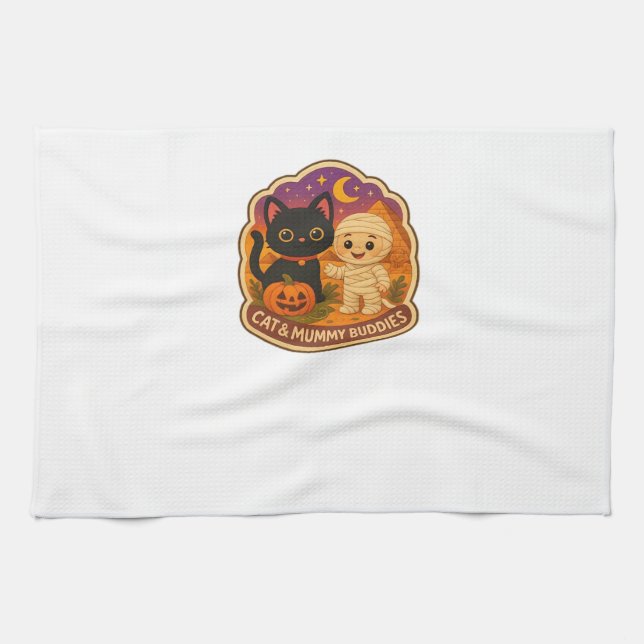 Cute Halloween Cat and Mummy Embroidery Patch Stic Tea Towel (Horizontal)