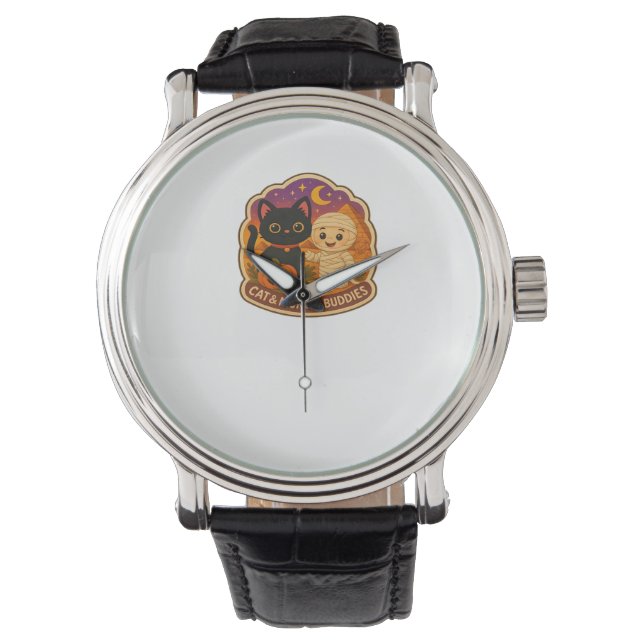 Cute Halloween Cat and Mummy Embroidery Patch Stic Watch (Front)