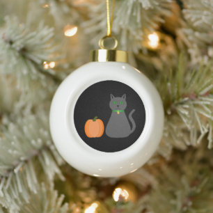 Cute Halloween Cat and Pumpkin Ceramic Ball Christmas Ornament