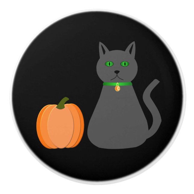 Cute Halloween Cat and Pumpkin Ceramic Knob (Front)