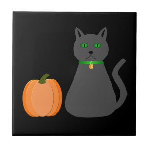 Cute Halloween Cat and Pumpkin Ceramic Tile