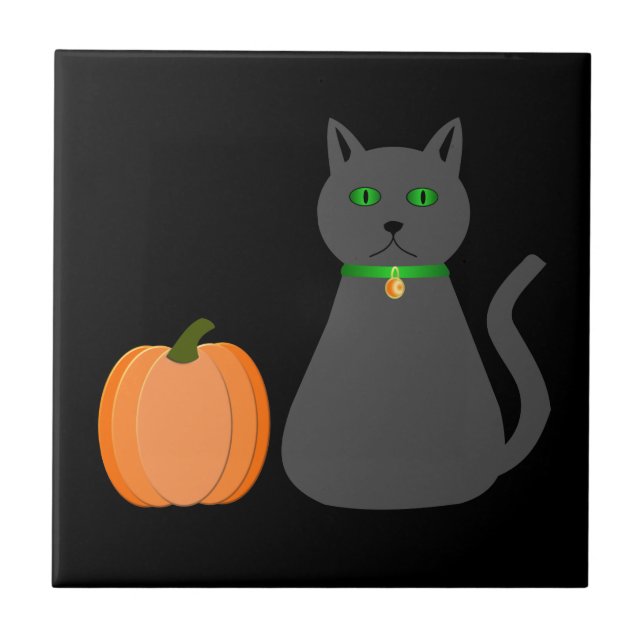 Cute Halloween Cat and Pumpkin Ceramic Tile (Front)